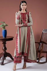 ASIM JOFA - 3PC DHANAK EMBROIDERED SHIRT WITH DHANAK EMBROIDERED SHAWL AND TROUSER - HZG2409